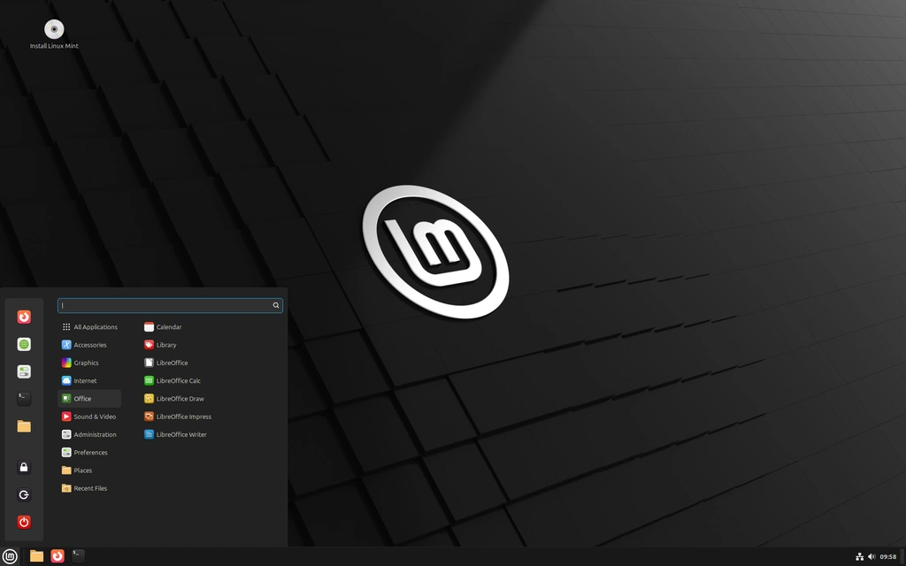 Linux Mint Desktop mit geöffnetem Anwendungsmenü, das verschiedene Anwendungen anzeigt, auf einem dunklen, geometrischen Hintergrund.